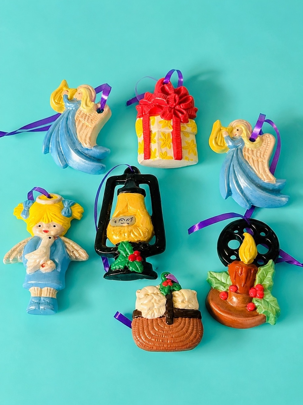 Vintage 1970s Hand Painted Ceramic Christmas Ornament Lot of 7